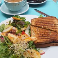 Grilled cheese sandwich and salad, brownie and coffee at Virgule in Toulouse