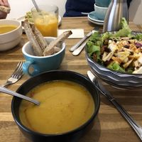 Pumpkin and carrot soup with avocado toast and mixed salad  at Virgule in Toulouse