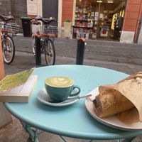 Matcha latte and smoked tofu, avocado, cashew nuts cheese sandwich  at Virgule in Toulouse