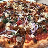 Spicy Sausage Pizza (excellent, but I would ask for it without the hot peppers for a less overwhelming kick!)  at Wildseed in San Francisco