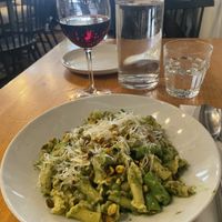 CAMPANELLE AL PESTO
asparagus, sugar snap peas, english peas, basil pesto, walnuts, coconut parmesan.  at Wildseed in San Francisco