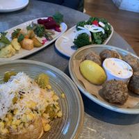 Mexican corn cakes, veggies on back, mushroom fritters on right   at Wildseed in San Francisco
