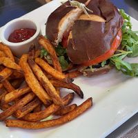 Yello Burger with Air Fried Fries at Yello Vegan Cafe & Creative Arts Center in Fort Lauderdale