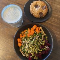 lavender oat latte, mushroom bowl & salted choc chip cookie  at The Garden in Vancouver
