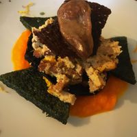 Le champignon rôti, brouillade de tofu, polenta aux orties, crème carotte-coco et glace à l’ail noir  at M.Y.Table-Restaurant in Augan