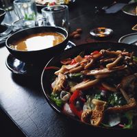 Flavorful veganised mushroom salad and pumpkin soup at Het Kantongerecht in Boxmeer