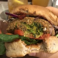 Vegan burger with “falafel” style patty made of edamame beans. Very tasty ! at The Coffee Club in Bangkok