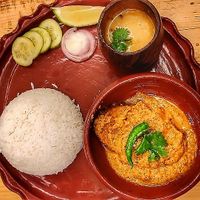 Vegan fish, rice and pulses with salad done intypical Bengali style at Ubuntu Eat in Kolkata