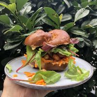 JACKY LAUGE
Laugensandwich, BBQ Pulled Jackfruit, Erdnuss Hummus, Kichererbsen, Möhren, gemischter Salat at Nude Food in Augsburg