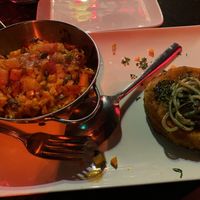 Rice with veg, pastry with tomato and pesto zucchini ribbons. at Bodega Biarritz 1881 in Barcelona