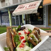 Vegan club sandwich with salad. Meat choice - chorizo. Garlic mayo and sweet pepper chutney for toppings.  at OMG in SKG in Thessaloniki