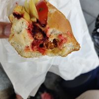 Hot dog with thin chilli and onion sausages, beetroot chutney and mango mayo, chips and tomato (ate too quickly to get a better picture!) at OMG in SKG in Thessaloniki