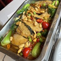 Grilled mock fish with vegetables   at Gongdelin Vegetarian Restaurant in Beijing