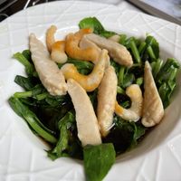 Mock shrimp with green veggies   at Gongdelin Vegetarian Restaurant in Beijing