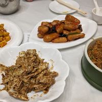 Kung pow 'chicken' (tofu), spare 'ribs'(lotus root), sesame cabbage and stir fried rice at Gongdelin Vegetarian Restaurant in Beijing