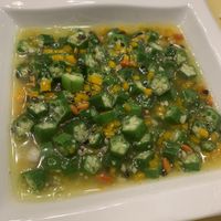 Okra with nutritious sauce at Gongdelin Vegetarian Restaurant in Beijing