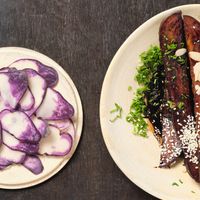 Sticky purple potatoes  at Tendril in London