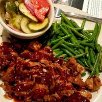Jackfruit BBQ Plate with green beans and marinated cucumber etc at Front Street Brewery in Wilmington