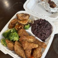 Drunken seitan Box Set “B” (purple rice, shiitake with cauliflower, nuggets, mushroom skewer)  at Tofubox in Brooklyn