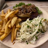 Seitan steak with French fries and cabbage  at VegaRoom in Lviv