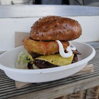 Burger with onion ring at Roots in Aberdeen