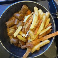 fries, veg sausage and curry sauce at Forky's in Vienna