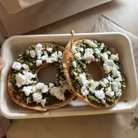 Bagel with vegan feta and pesto   at Beach House Cafe in Kaikoura