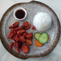 BBQ "pork" and rice - note the proportion of veg to meat and rice at Papa Sweet Tooth in East Victoria Park