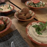 Hummus, taboulé, warak inab, falafel and baba ghanoush  at Gibran in Venice