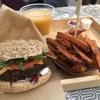 The food looked great. Fries were really tasty. However, the burger was very dry.   at Oaza Joyful Kitchen in Zagreb