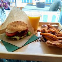 Spicy Bean Burger, Sweet Potato Fries and Mango Lassi at Oaza Joyful Kitchen in Zagreb