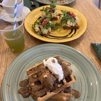 Snickers waffels, chickpea tuna toast, pumpkin waffels and immune booster juice  at Oaza Joyful Kitchen in Zagreb