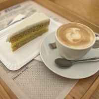 Daily lemon pie with cappuccino  at Oaza Joyful Kitchen in Zagreb