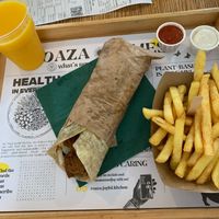 vegan kebab wrap, fries and mango lassi at Oaza Joyful Kitchen in Zagreb