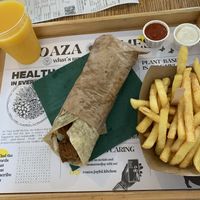 vegan kebab wrap, fries and mango lassi  at Oaza Joyful Kitchen in Zagreb