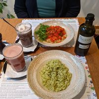 Creamy pesto risotto, Falafel with quinoa in a tomato sauce, Pink chai latte & Acai berry latte at Eat Healthy in Belgrade