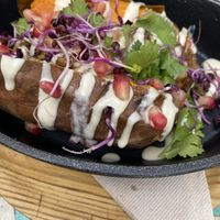 Sweet potato with mushrooms caramelised onions and tahinii  at Can Nuts in Ibiza