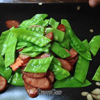Stir fried peas with fake sausage.  The sausage looked and tasted quite real.   at TiānLóng Bǎo Yán in Xian