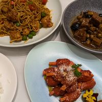 Salt and 'spicy pepper' chick'n noodles, plum ribs, and Shanghainese bran at Daxingshan Temple Vegetarian in Xian