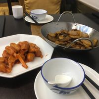 Mock drumsticks and a potato and mushroom stir-fry at Daxingshan Temple Vegetarian in Xian