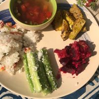 Wellness meals have raw, steamed veggies, curry and staple as well as a dessert.  at AhimsaGram in Jaipur