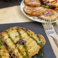 Mushroom toast, pancakes and hummus toast at Mela Canela in Sintra