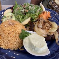 Red bean burger with a side of rice and vegan mayonnaise   at Mela Canela in Sintra