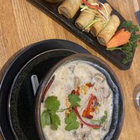 Mushroom Tom kha soup and vegetable spring rolls  at Nadon Thai in Durham