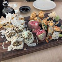 Sushi in lower left corner was coated in teeny tiny crisp rice balls - great flavor and texture! at Bloom Sushi in Montreal