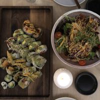 Sushi plate and papaya salad at Bloom Sushi in Montreal