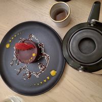 Delicious chocolate dessert with some green tea! at Bloom Sushi in Montreal