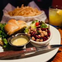 The veggie burger with vegan Kaiser roll, make sure to ask for this not the regular bun... we split our sandwich, one getting salad the other fries.  at Nepenthe in Big Sur
