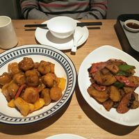 Sweet and sour 'pork', spicy potatoes. at Duǒ Duǒ Kāi 朵朵开素食 - Houzaimen in Jinan