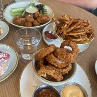 Onion rings , coliflower buffalo and fries  at Fresh on Sunset in West Hollywood